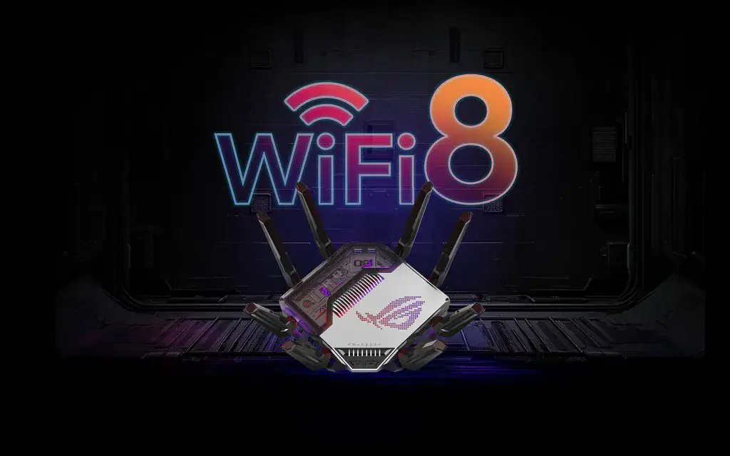 WiFi 8 logosu ve modem görseli, yeni nesil kablosuz bağlantı teknolojisi vurgulanıyor.