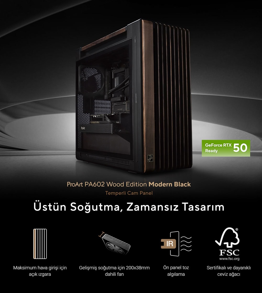 ProArt PA602 Wood Edition Modern Black - Tempered Glass Panel asus-proart-pa602-wood-edition-temperli-cam-usb-3-2-mid-tower-e-atx-kasa