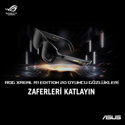 ASUS ROG XREAL RJ Edition 20 oyuncu gözlükleri, siyah tasarım, ışık efektli sahne arka planı ve ileri teknoloji ile öne çıkıyor.