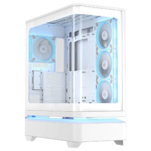 Beyaz ASUS kasa içi görünüm: kavisli temperli cam panel, üstte ve yanlarda mavi LEDli soğutucu fanlarıyla temiz, modern oyun bilgisayarı kasası.