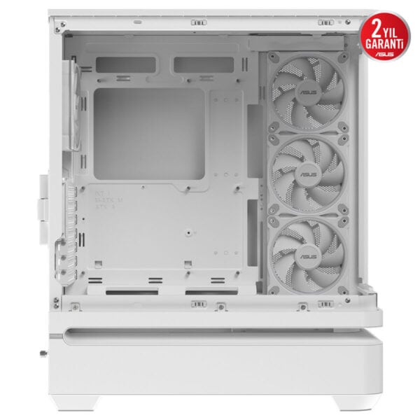 ASUS PRIME AP304 TG ARGB Kavisli Temperli Cam USB 3.2 Mid Tower Beyaz ATX Gaming Kasa iç görünümünde soğutucu fansız bölümü ve arka panel ile önden görünüm.