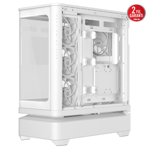 ASUS PRIME AP304 TG ARGB beyaz temperli camlı mid tower oyun kasası, yan panel şeffaf cam ve iç aydınlatmalı ARGB fanlarıyla temiz, şık tasarım.