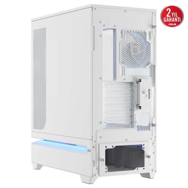 ASUS PRIME AP304 TG ARGB uyumlu sade beyaz mid tower kasa arka tarafı ve toz filtreli panel; kabin içi yapı ve USB 3.2 desteğiyle gaming bilgisayar için şık tasarım.
