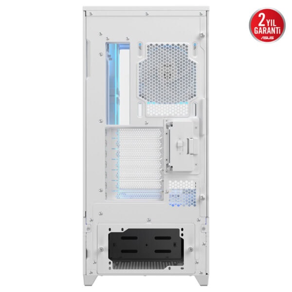ASUS PRIME AP304 TG ARGB kapalı kasa, beyaz mid tower temelli yapı; temperli cam yan paneli, ARGB aydınlatmalı iç görünüm ve temiz hava akışı sağlayan üst ve arka fan bölmeleri.