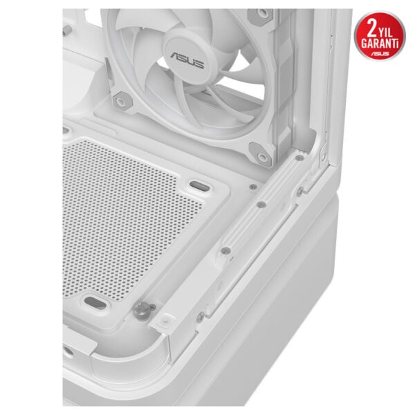 ASUS PRIME ARGB kasa iç alanı, beyaz renkli temperli cam ve ön panelde hava akışı kafasıyla içteki soğutma çözümü öne çıkıyor.
