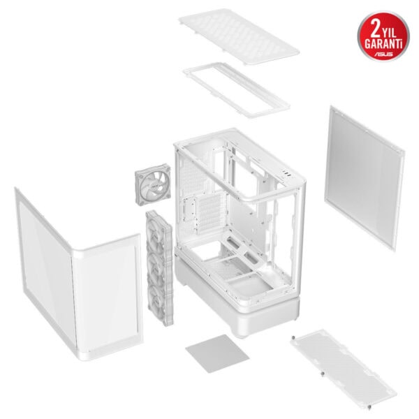 ASUS PRIME AP304 TG ARGB Kavisli Temperli Cam USB 3.2 Mid Tower Beyaz ATX Gaming Kasa için parçalar ve iç yapı, kabin açıklığı ve hava akışı düzenekleriyle gösterilmiş şeffaf kesim görseli.