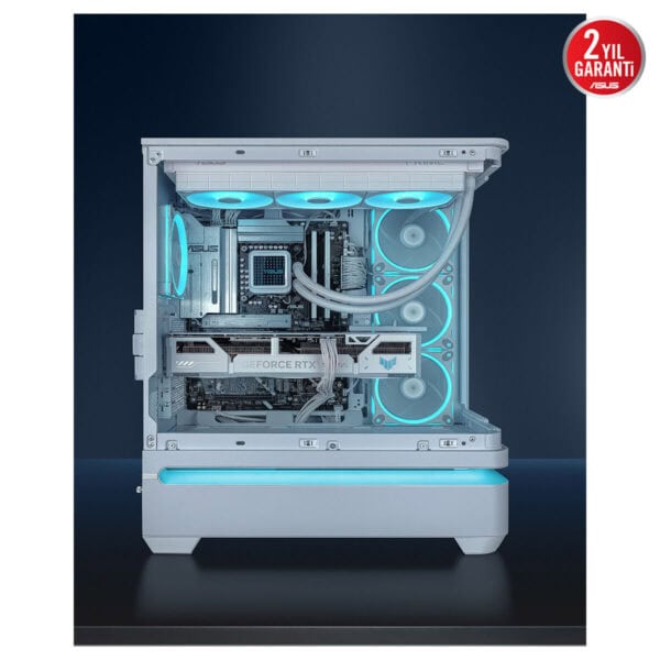 ASUS PRIME AP304 TG ARGB kavisli temperli camlı beyaz ATX mid tower oyun kasası iç aydınlatmalı RGB fanlar ile görülen şık tasarım, kablo yönetimi ve yüksek performanslı GPU ve Soğutucu stackı.