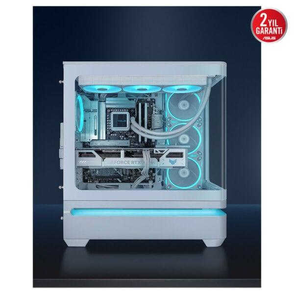 ASUS PRIME ARGB beyaz mid tower oyun kasası içindeki güçlendirilmiş soğutma sistemi ve aydınlatmalı bileşenler, saydam yan panel ile görülüyor.