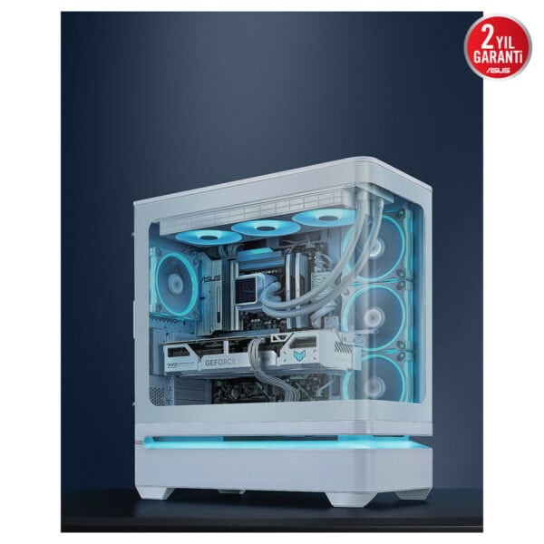 ASUS PRIME AP304 TG ARGB temalı beyaz mid-tower bilgisayar kasası, cam yan paneli ve mavi aydınlatmalı sıvı soğutma sistemiyle şık bir oyun sistemi görüntüsü.