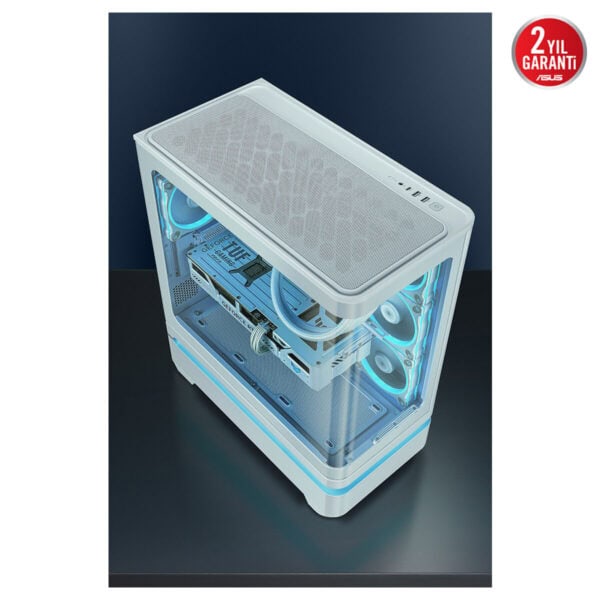 ASUS PRIME AP304 TG ARGB uyumlu beyaz mid tower kasa, temperli cam yan paneli ve ARGB soğutma ışıklarıyla gösteriliyor.