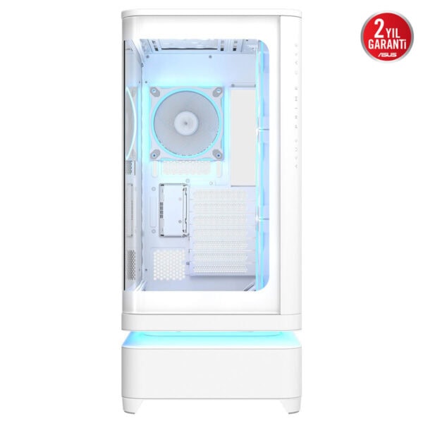 ASUS PRIME AP304 TG ARGB beyaz mid tower kasaya uygun kavislı temperli cam paneliyle iç mekan görünümü, LED ARGB aydınlatmalı temiz iç yapı ve ileri hava akışı tasarımı vurgulanıyor.