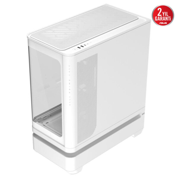 ASUS PRIME AP304 TG ARGB şeffaf camlı beyaz mid tower bilgisayar kasası, AKIMATİK LED ARGB, USB 3.2 bağlantı ve temperli cam üst paneliyle modern oyun sistemi için uygun.