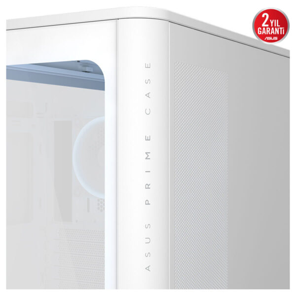 ASUS PRIME Kavisli Temperli Cam ARGB USB 3.2 Mid Tower Beyaz ATX Oyuncu Kasa görseli, yan panel havalandırma ve şık beyaz tasarım odaklı.