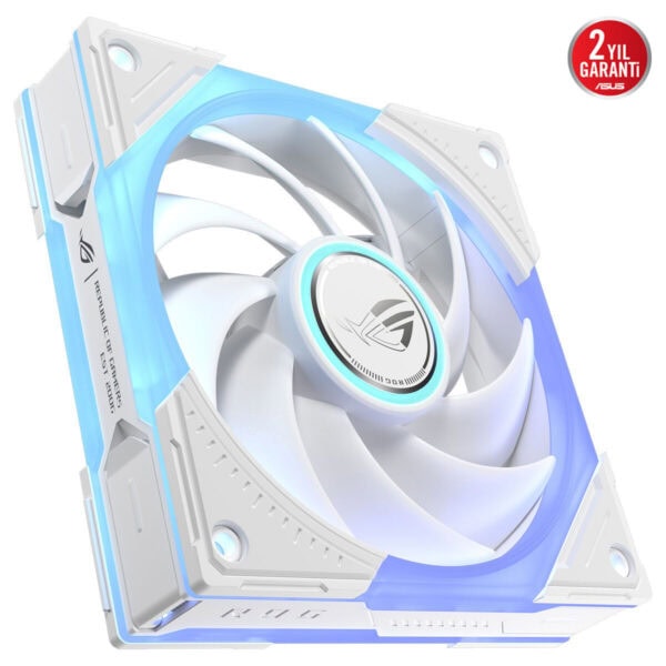 ASUS ROG Eurux GR120 ARGB beyaz kasa fanı, LED aydınlatmalı 120mm büyüklüğünde soğutma fanı; beyaz ve mavi ışık efektli, üst düzey kasa içi soğutma için tasarlanmıştır.