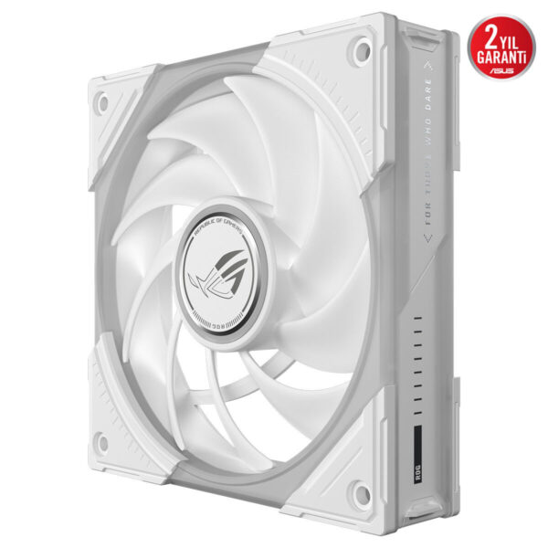 ASUS ROG Eurux GR120 ARGB 120mm beyaz kasa fanı, şık tasarım ve beyaz renkli kanatlı soğutucu fanı görüntüsü.