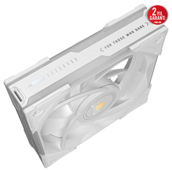 ASUS ROG Eurux GR120 ARGB beyaz kasa fanı, 120mm boyutunda, şık beyaz tasarım ve RGB aydınlatma, 2 yıl garanti simgesiyle dikkat çekiyor.