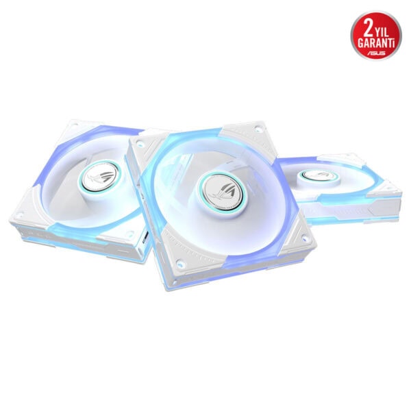 ASUS ROG Eurux GR120 ARGB 120mm beyaz kasa fanı: şeffaf çerçeve, RGB aydınlatmalı akışkan kanatlar ve merkezi ROG logosu.