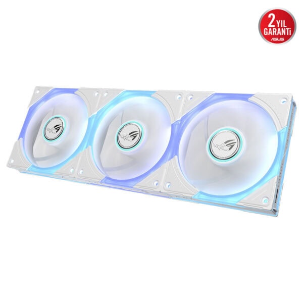 ASUS ROG Eurux GR120 ARGB 120mm üçlü kasa fanı; beyaz çerçeve, RGB aydınlatmalı elektrikli soğutma fanları, kart taşıyıcılı metal çerçeve.