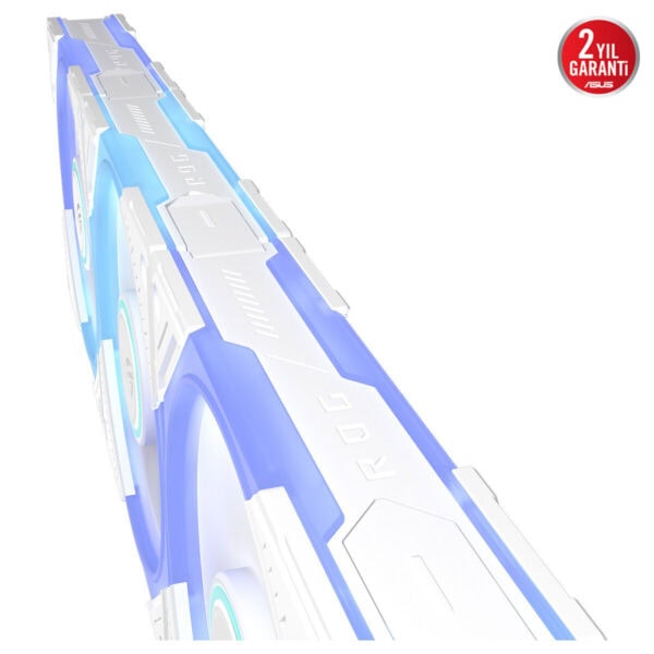 ASUS ROG Eurux GR120 ARGB 120mm beyaz kasa fanı görseli, mavi beyaz renkli LED ışıklandırmalı soğutucu fanı ve 2 yıllık garanti simgesiyle.