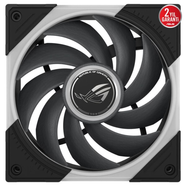 ASUS ROG Eurux GR120 ARGB 120mm kasa fanı, siyah gri kanatlı tasarım ve RGB aydınlatmalı soğutma çözümü.