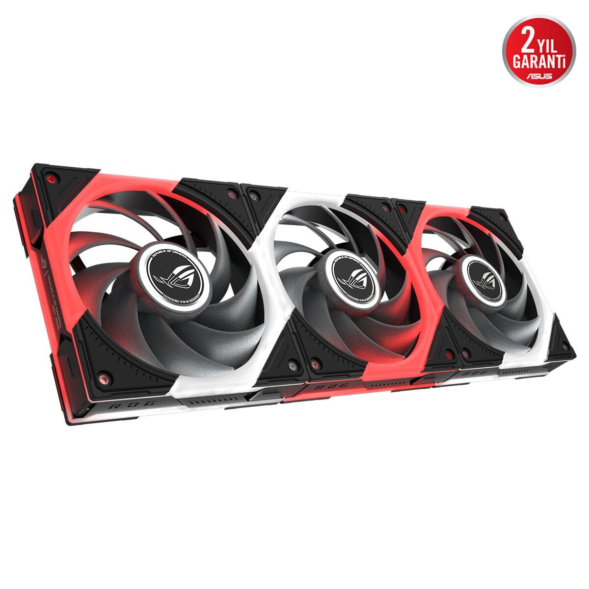 ASUS ROG Eurux GR120 ARGB 120mm üçlü kasa fanı, siyah-kırmızı şeritlerle şık tasarım ve ARGB ışık etkileriyle yüksek hava akışı sağlar.