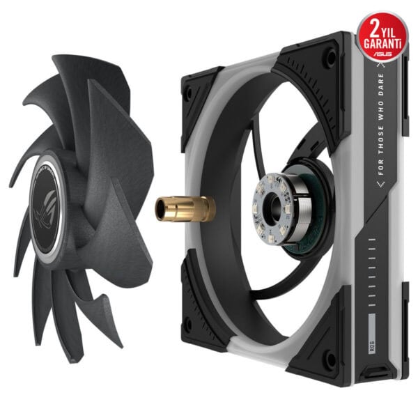 ASUS ROG Eurux GR120 ARGB 120mm kasa fanı, merkezi hub ve ARGB ışıklandırmalı soğutma sistemiyle açık uçlu fan yapısı gösteriliyor.