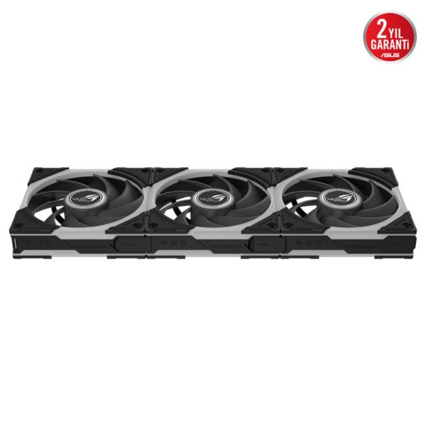 ASUS ROG Eurux GR120 ARGB 120mm üçlü kasa fanı; siyah gri renkli gövde ve üç adet soğutucu pervane, ARGB ışık efektleriyle kasa içi soğutma performansı için tasarlanmış.