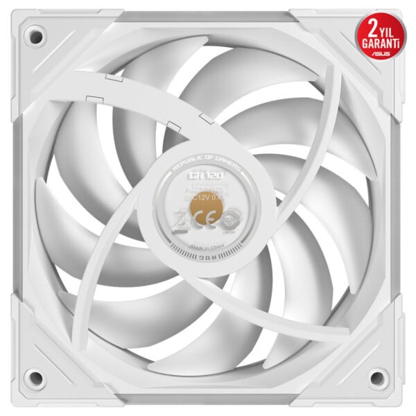 ASUS ROG Eurux GR120 ARGB beyaz kasa fanı, 120mm boyutunda hareketli kanatlarla yüksek hava akışı ve ARGB aydınlatma sunar.