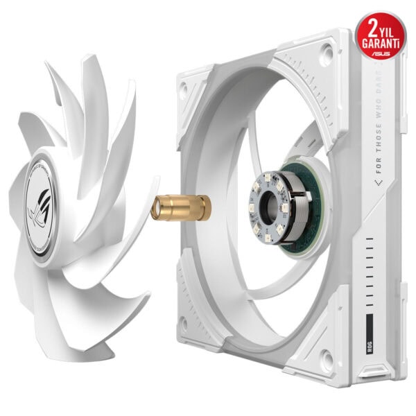 ASUS ROG Eurux GR120 ARGB beyaz CPU soğutucu fanı ve açık kartı tasarımıyla 120mm kasa fanı parça yapısı.