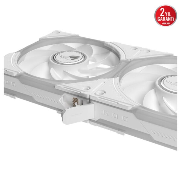 ASUS ROG Eurux GR120 ARGB beyaz kasa fanı çift hızlı beyaz LED'li 120mm soğutucu, kısa bağlantı kablosu ve temiz LED tasarımıyla dikkat çeker.