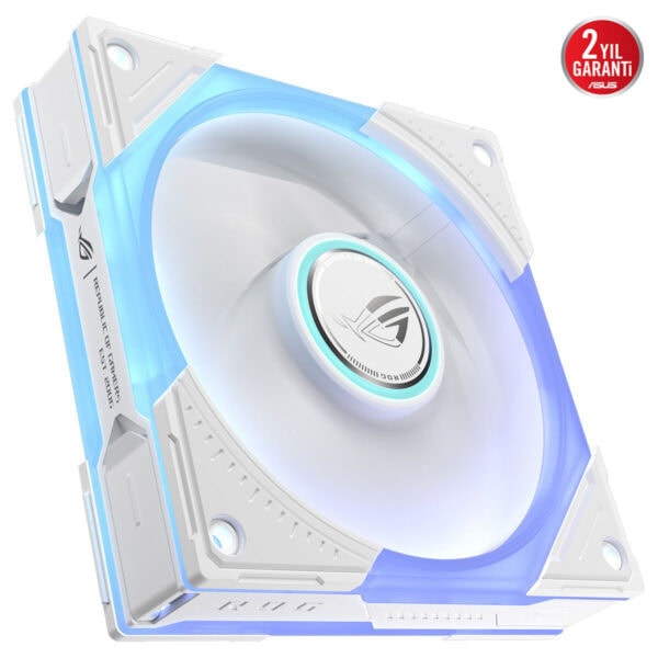 ASUS ROG Eurux GR120 ARGB beyaz 120mm kasa fanı, LED ışıklar ve şık beyaz tasarım, yüksek hava akışı için soğutma fanı.