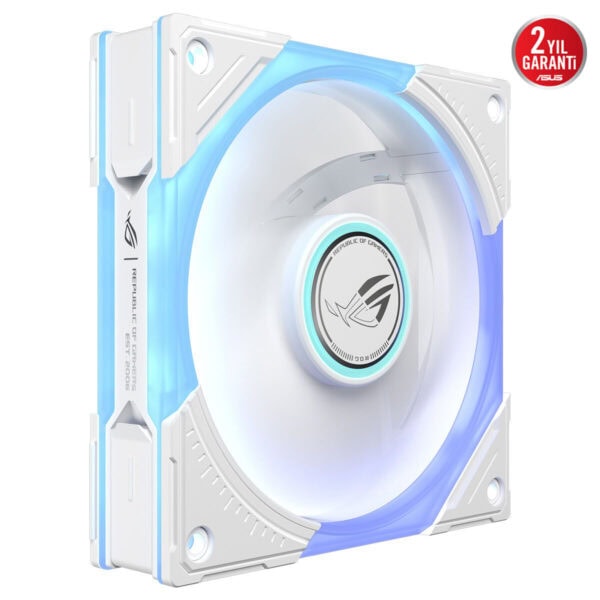 ASUS ROG Eurux GR120 ARGB Beyaz 120mm kasa fanı beyaz ve mavi LED ışıklar ile konumlandırılmış, yüksek performanslı sıfır gürültülü soğutma çözümü.