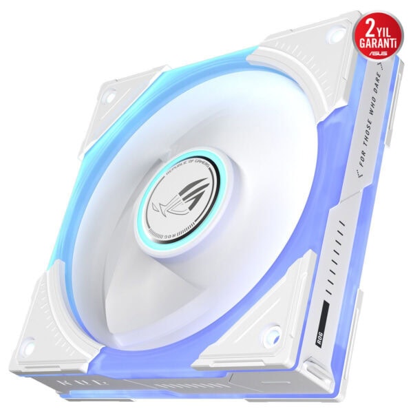 ASUS ROG Eurux GR120 ARGB beyaz 120mm kasa fanı, LED aydınlatmalı soğutma fanı ve temiz beyaz tasarım.