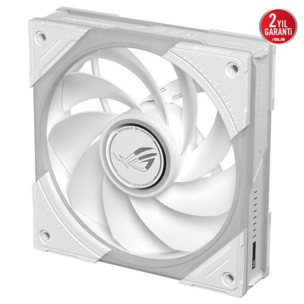 ASUS ROG Eurux GR120 ARGB Beyaz 120mm kasa fanı; beyaz LED ışıklar, dört köşe koruma ve performans odaklı soğutma tasarımı.