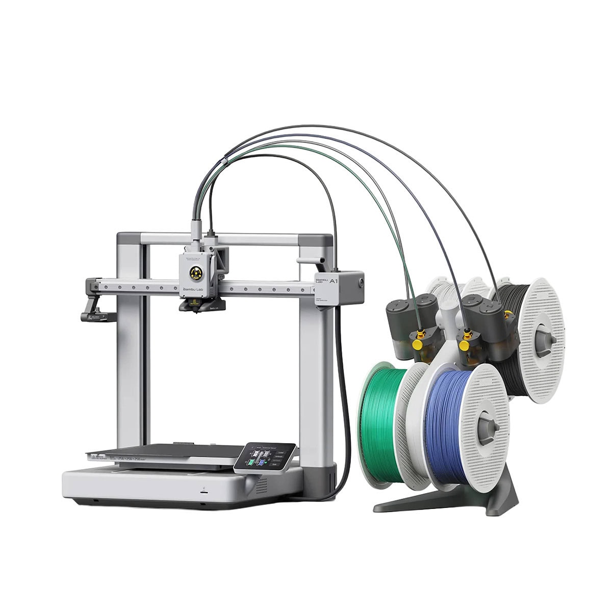 Bambu Lab A1 Combo AMS Lite ile çok renkli 3D yazıcı set up, filament makaraları ve telelerle birlikte masaüstü kurulumunu gösteriyor.
