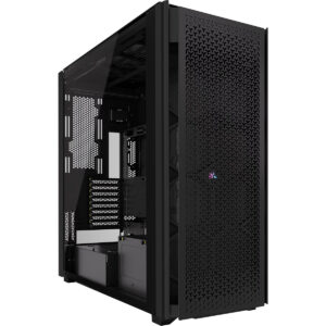 Corsair 9000D RGB AIRFLOW ile hava akışlı siyah kasa; cam yan paneli, temperli cam ön paneli ve geniş iç hacmiyle E-ATX oyuncu sistemi için üst düzey yapı sağlar.