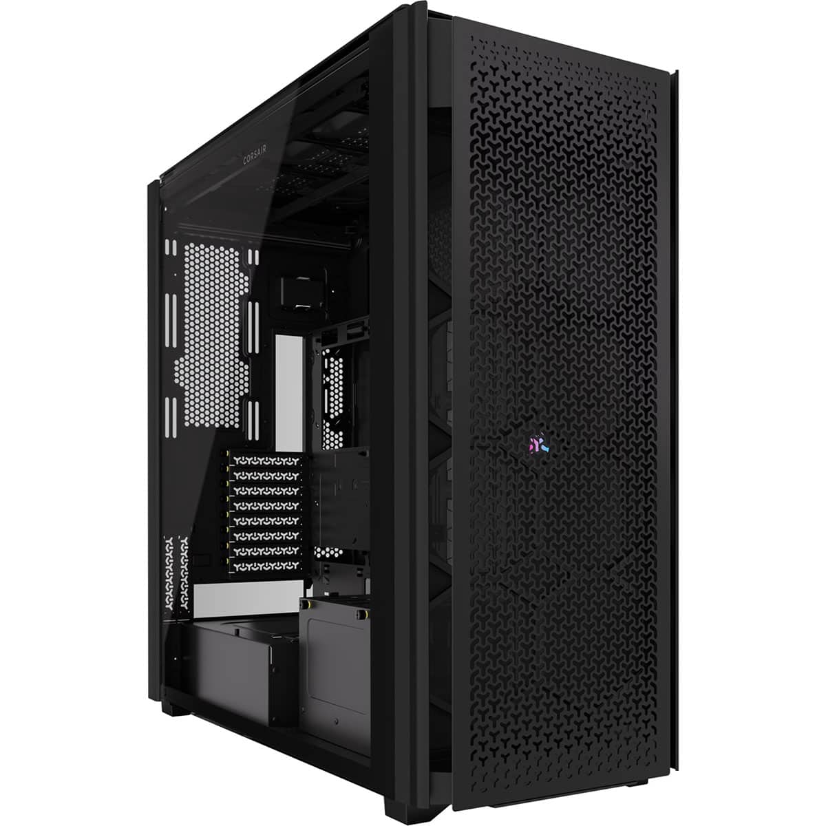 Corsair 9000D RGB AIRFLOW ile hava akışlı siyah kasa; cam yan paneli, temperli cam ön paneli ve geniş iç hacmiyle E-ATX oyuncu sistemi için üst düzey yapı sağlar.
