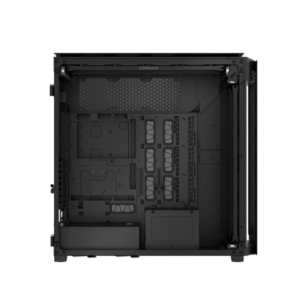 Corsair 9000D RGB AIRFLOW kasa iç görünüm: siyah şasi, açık yan panel yanda USB 3.2 bağlantı noktalarına sahip destek bölümleri ve kablo yönetimi için geniş alanlar.