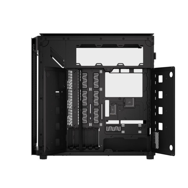 Corsair 9000D RGB AIRFLOW şeffaf metal çerçeveye sahip E-ATX oyun kasası iç görünümü, geniş kablolama alanı ve çoklu sürücü yuvalarıyla dikkat çekiyor.