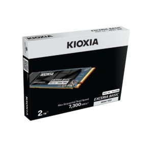 KIOXIA EXCERIA BASIC 2TB NVMe PCIe 4.0 M.2 SSD kutu ve kart grubu görünümü, siyah beyaz ambalaj üzerinde belirgin logo ile.