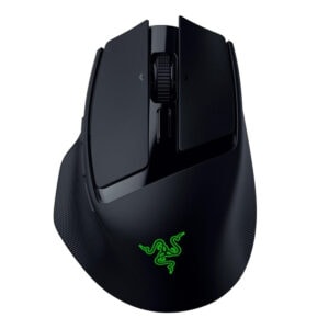 Razer kablosuz oyun faresi tasarımı, siyah renkli, orta kısmında yeşil Razer logosu ve gelişmiş optik sensörlü üst tasarım.