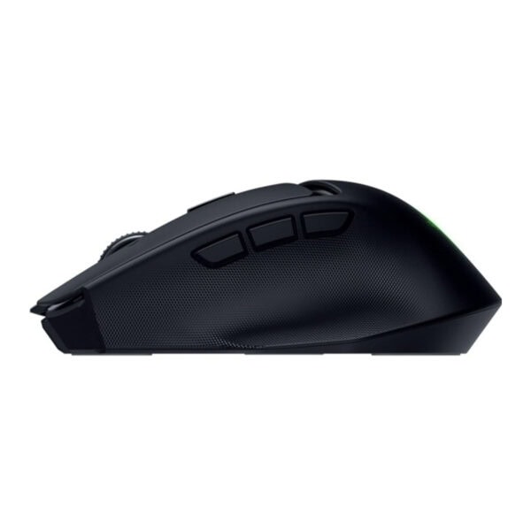 Razer Basilisk benzeri siyah kablosuz oyun faresi, yan tuşları ve optik sensör tasarımıyla konforlu ergonomi sunar.