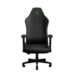 Razer Iskur V2 oyun koltuğu yüksek sırtlı, siyah kumaş dokusu ve yeşil kontrast dikişlerle, 2D kolçaklı, ayarlanabilir bel desteği sunan ofis oyun koltuğu.