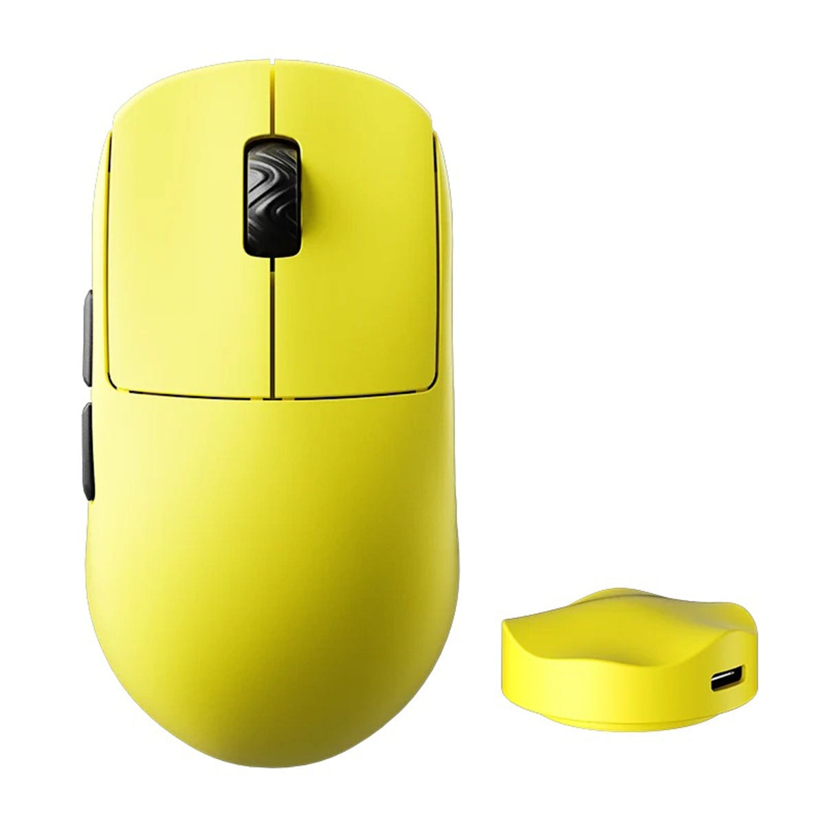 Sarı kablosuz oyun faresi ve küçük yuva şeklinde USB dongle yakınlaştırması, Scyrox V8S stil uyumlu dizayn vurgulanıyor.