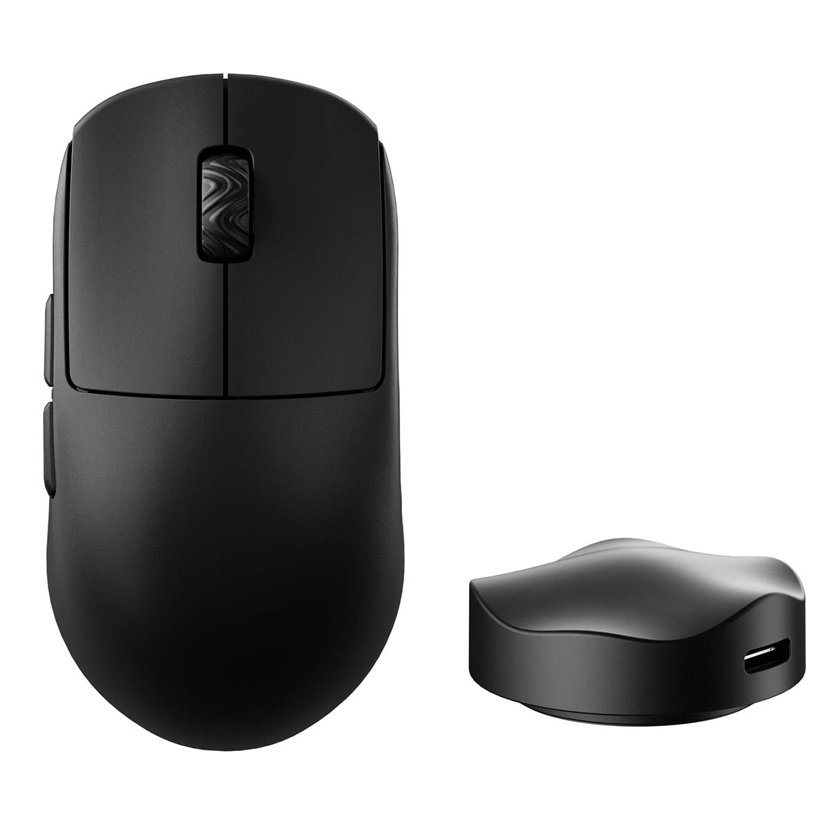 Scyrox V8S Siyah Kablosuz Gaming Mouse ile beraber gelen alıcı/dock, ergonomic tasarımlı siyah oyun faresi ve kompakt USB şarj istasyonu.
