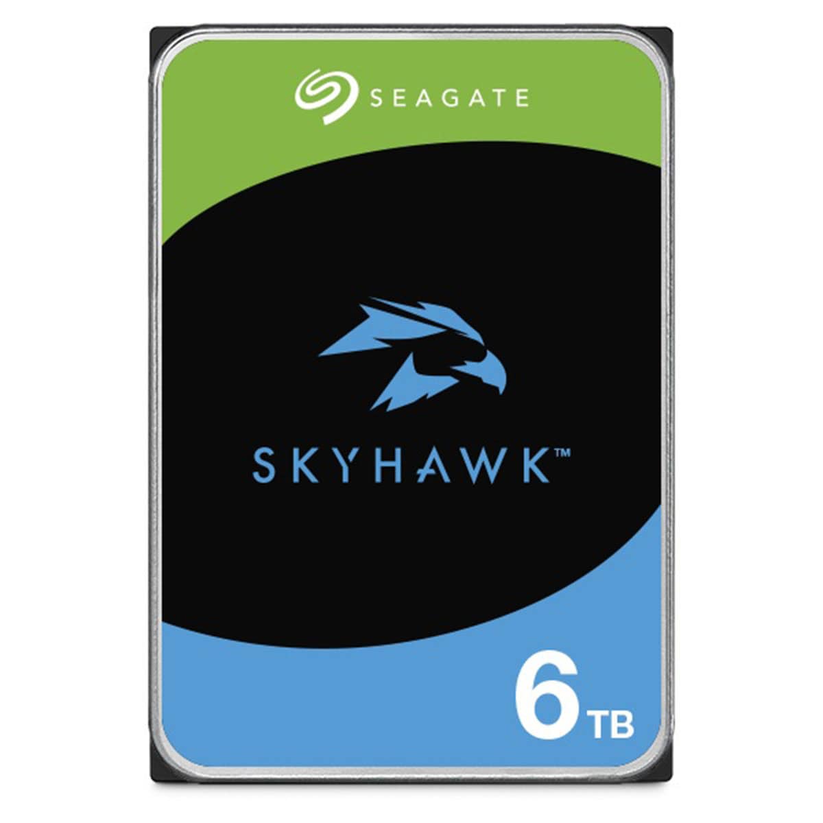 Seagate SkyHawk 6TB 5400RPM SATA 3.0 hard disk sürücüsü ön yüzü, yeşil üst bölüm ve mavi alt bölüm ile belirgin logo ve 6TB ibaresi.